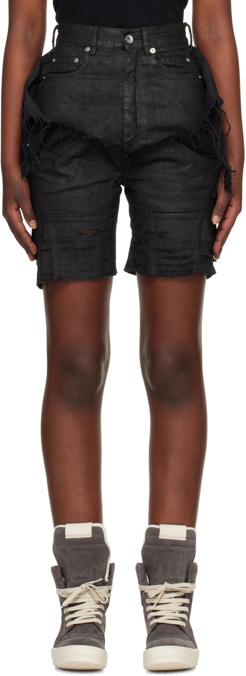 Black Temple Slivered Tight Cutoff Denim Shorts