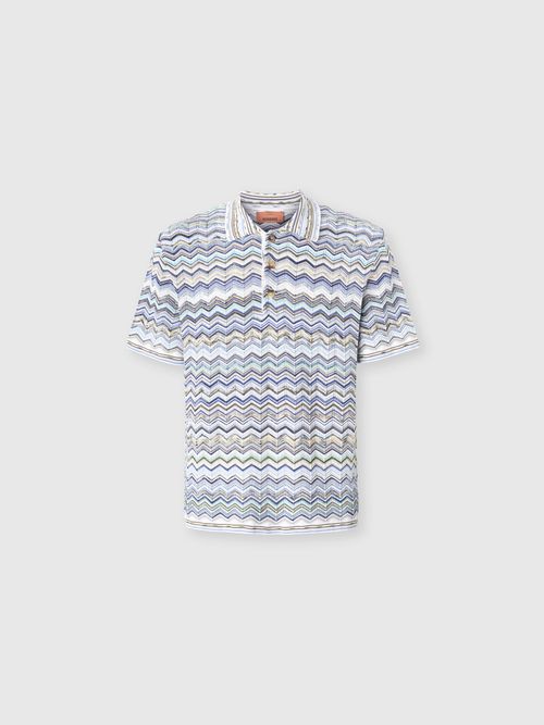 Missoni - Cotton knit polo shirt with chevron pattern, Men, Blue