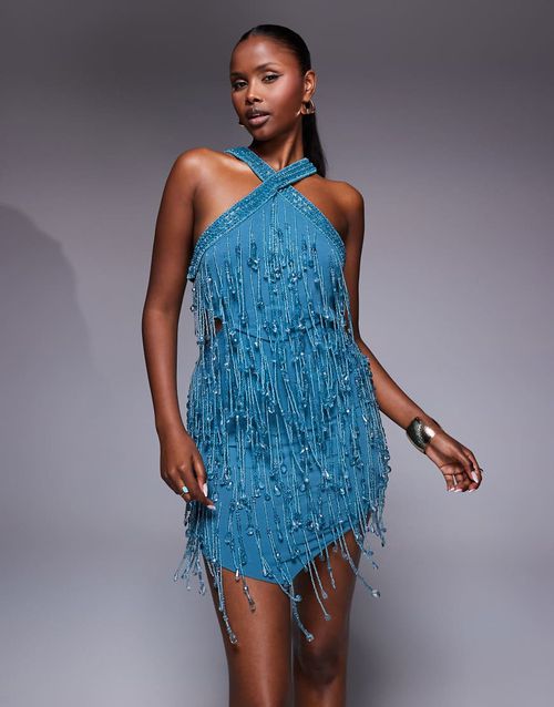 Embellished halter mini dress with cut-out waist and pointed hem in blue