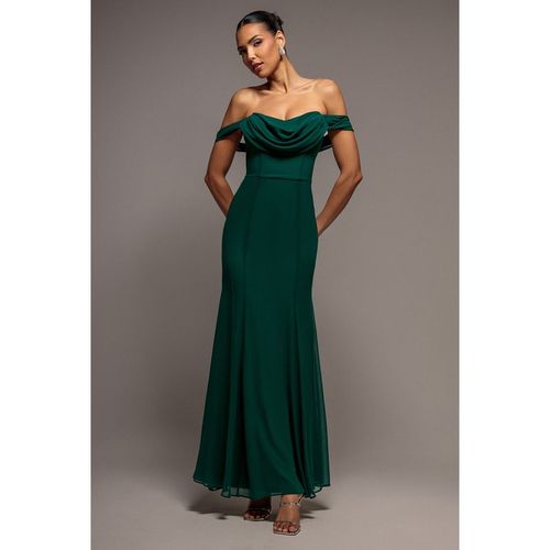 Goddiva Chiffon Bardot Cowl Neck Maxi Dress - Green