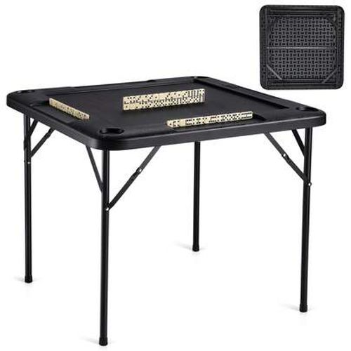 Mahjong Table Square 4 Player Folding Card Table With 4 Cup Holders & 4 Chip Trays Portable Domino Game Table With 1 Set Of Dominoes For Mahjong Poke