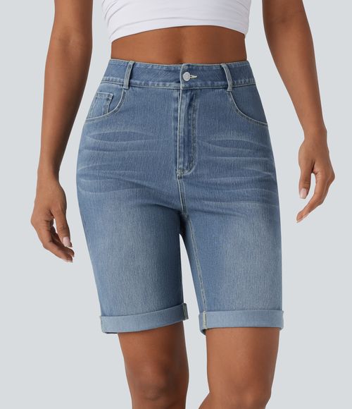 Flex™ High Waisted Pockets Rolled Hem Washed Denim Casual Bermuda Shorts  - Blue Spruce Denim