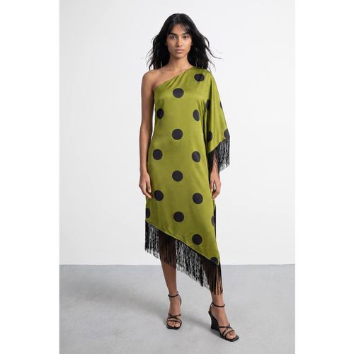 Warehouse Women's Premium Fringe Trim One Shoulder Midi Dress in Olive