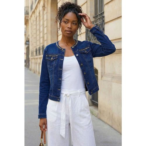 Roman Womens Collarless Tape Stretch Denim Jacket - Blue