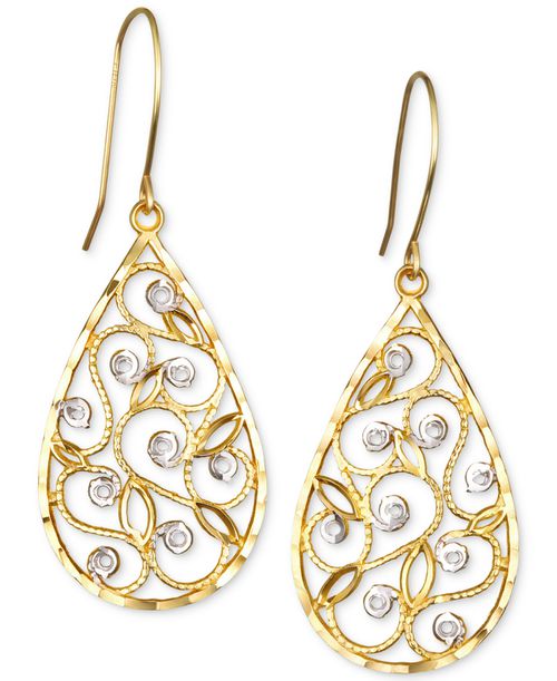Two-Tone Filigree Teardrop Drop Earrings in 10k Gold - Two-Tone