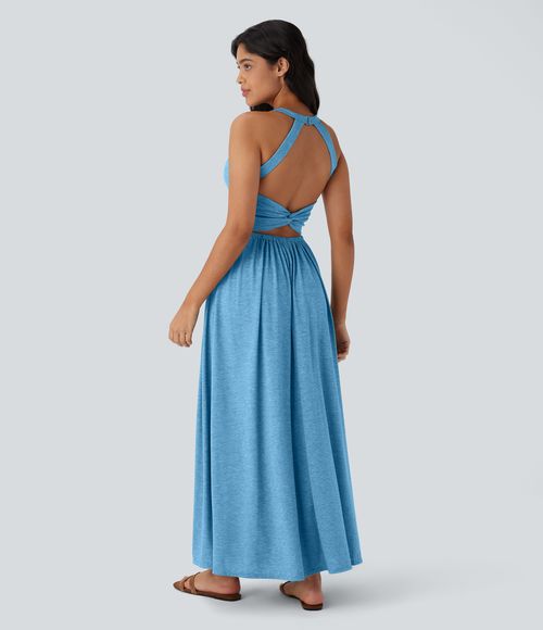 Twisted Backless Split Flowy Maxi Resort Dress with Pockets Casual Dress - Clear Coast Blue