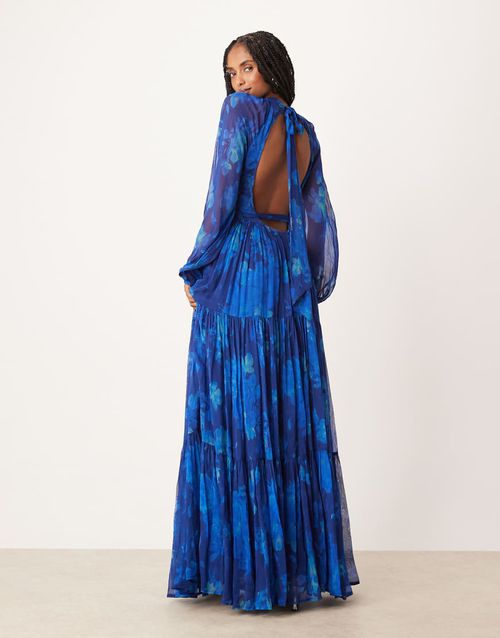 Chiffon balloon sleeve maxi dress in cobalt-Blue