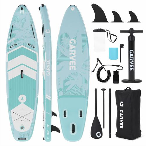 Garvee 10.6' Inflatable Stand Up Paddle Board - 450 lbs Capacity SUP with 3 Fins, Adjustable Paddle, Pump & Backpack, Extra Wide Stable Design for Beginners, Yoga & All Water Adventure