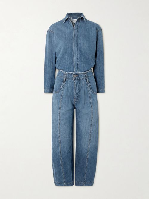 New Yorker Cropped Frayed Denim Jumpsuit - Blue