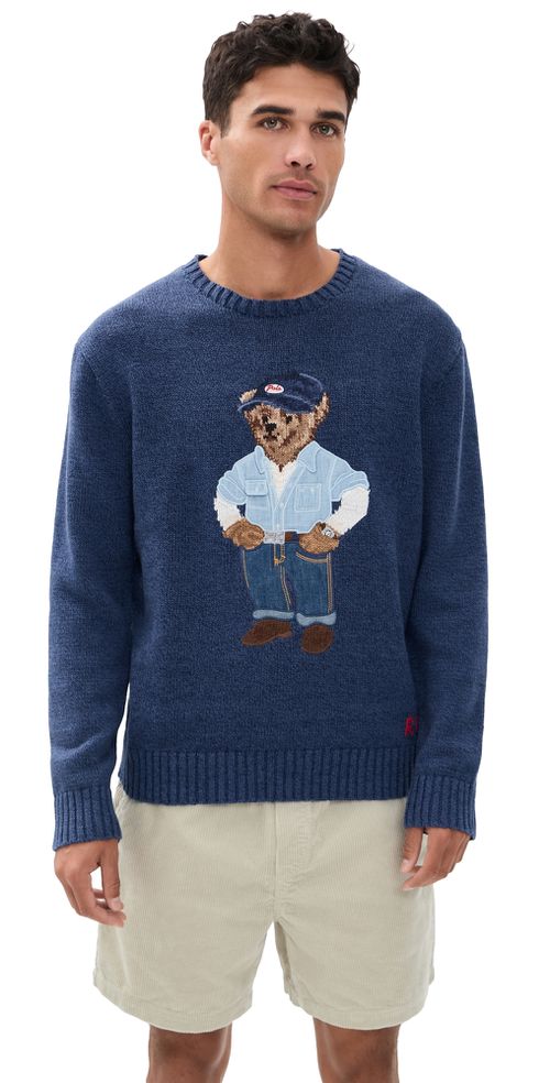 Original Label Cotton Linen Denim Bear Crewneck Sweater Light Navy