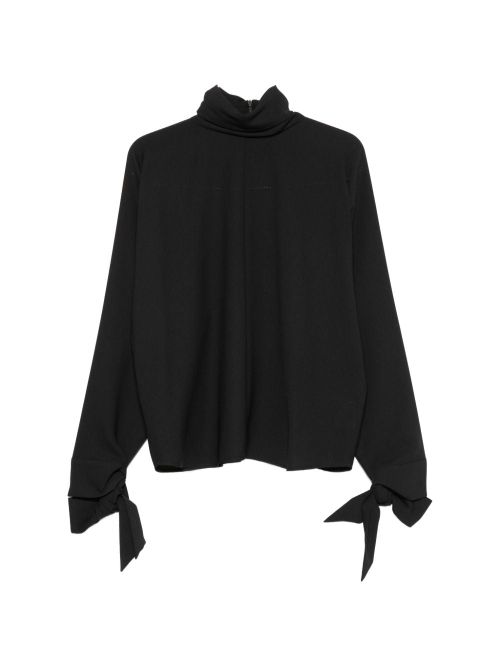 Crepe High-Neck with Bow Cuffs Blouse — Black