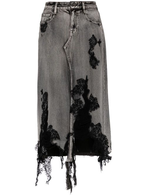 Lace patchwork denim long skirt - Black