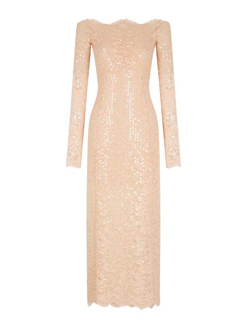 Midi Dress In Pink Lace With Rhinestones