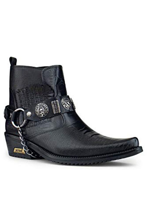 Mens Black Real Leather Goth Cowboy Riding Ankle Boots Chain Western Cuban Heel Dancing