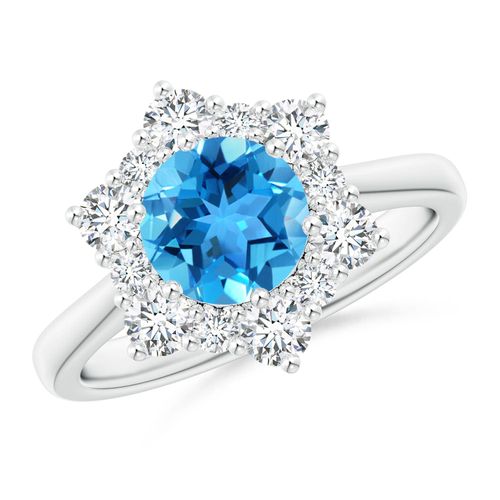 Angara 1.55 Carats Swiss Blue Topaz and Diamond Floral Halo Engagement Ring in Platinum
