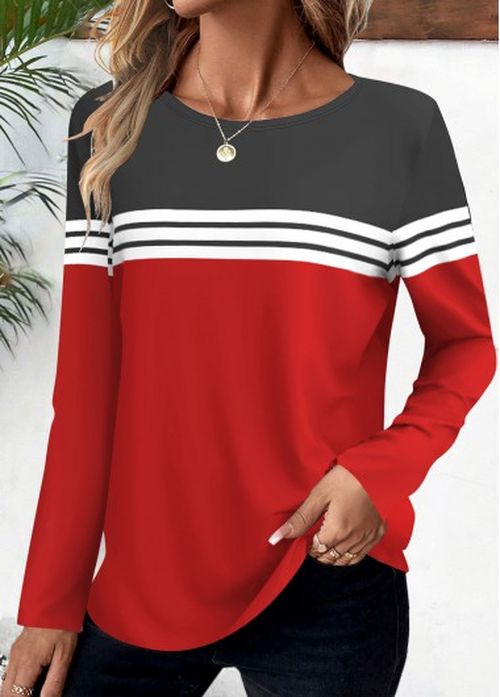 Modlily Red Striped Long Sleeve Round Neck T Shirt