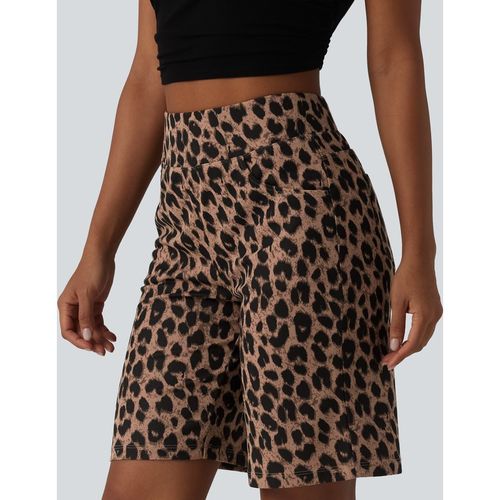 Halara High Waisted Leopard Waffle Casual Baggy Shorts 10'' with Pockets - Noir Safari