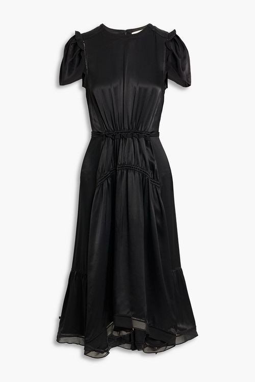 Ruffled chiffon-trimmed satin midi dress - Black - US 0