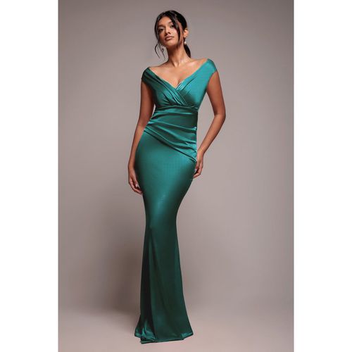 Goddiva Satin Off The Shoulder Maxi Dress - Emerald Green