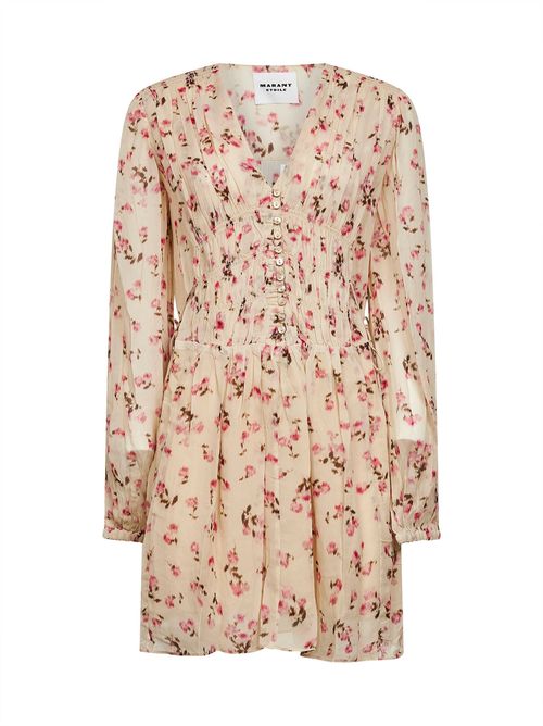 Floral Printed Viscose Minidress — Beige