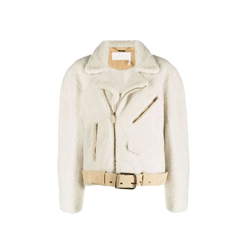 Textured Wool Blend Biker Jacket — Beige