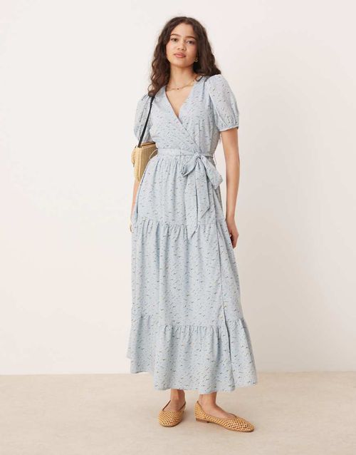 Glamorous | volume wrap midi dress in blue ditsy floral-Multi | Realry