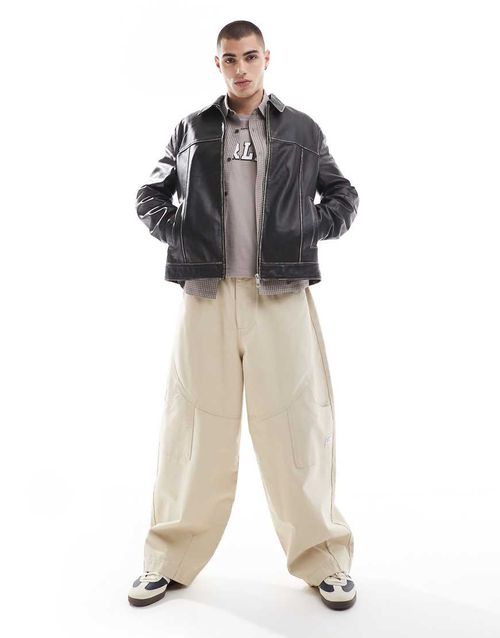 ASOS DESIGN baggy pants with workwear patch in stone-Neutral