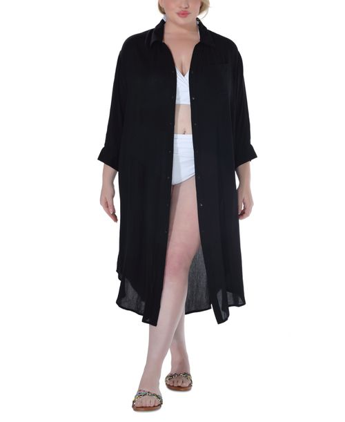 Plus Size Button-Down Midi Cover-Up Dress - Black