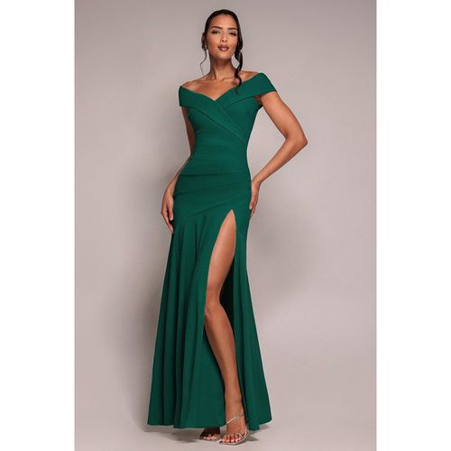 Goddiva Scuba Crepe Off Shoulder Front Split Maxi Dress - Emerald Green