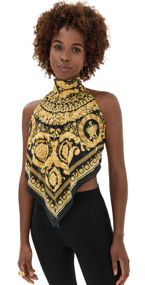 Beachwear Cotton Silk Voile Fabric Baroque Print Top 5B000-Black+Gold