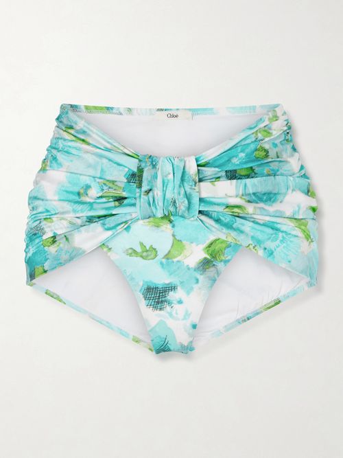 Ruched Floral-print Bikini Briefs - Blue