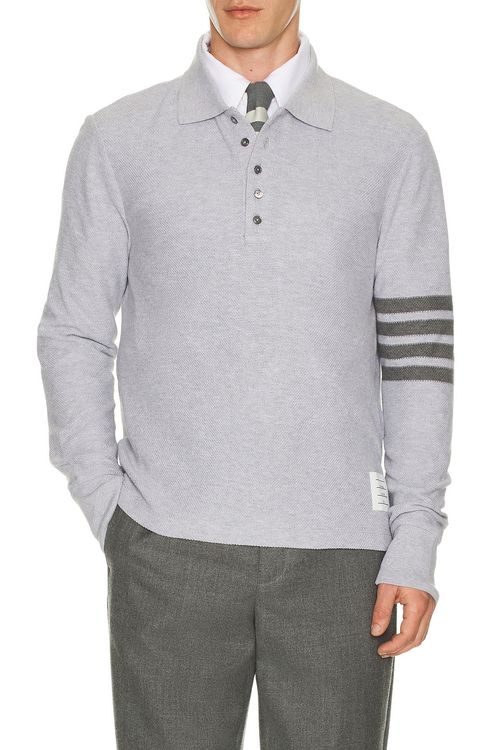 Thom Browne Long Sleeve Pique Polo in Pale Grey - Grey. 5 also