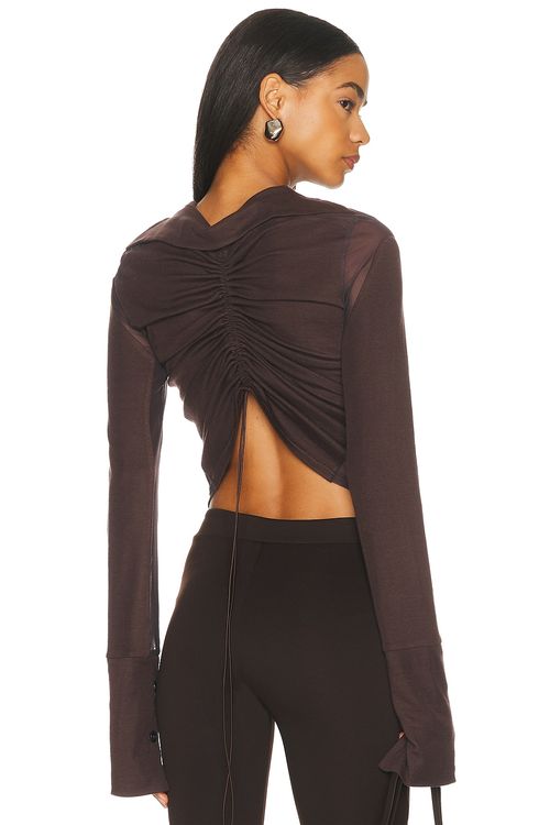 Jade Cropper Gathered Back Button Up Top in Dark Brown - Brown. 36 also