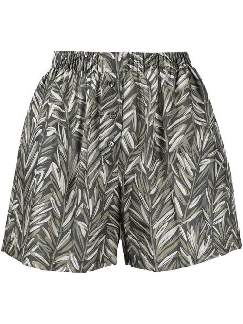 Leaf-print silk shorts