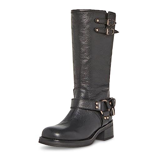 FSJ Women Buckle Straps Riding Mid Calf Boots Round Toe Chunky Block Low Heel Fashion Design Winter Combat Motorcycle Shoes