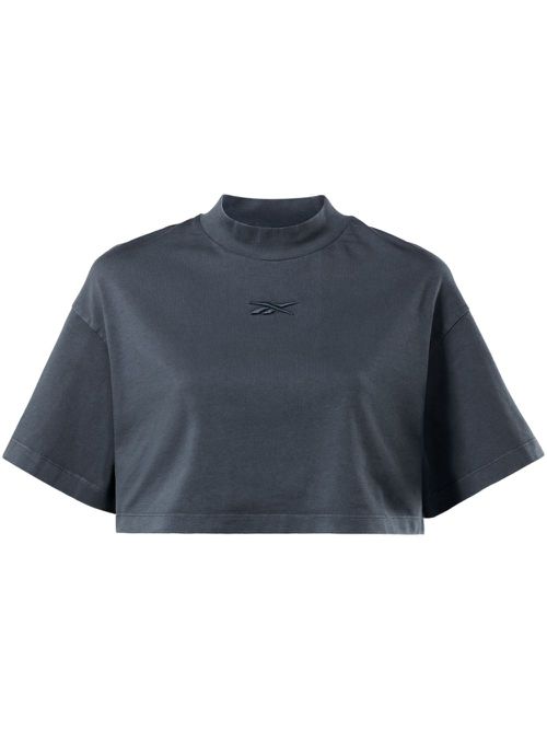 Logo-embroidered cropped T-shirt - Blue
