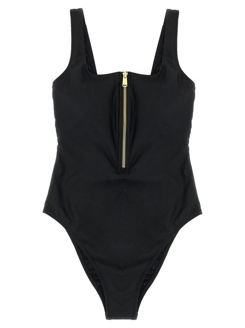 Square-Neck Zip Front One-Piece Swimsuit — Black