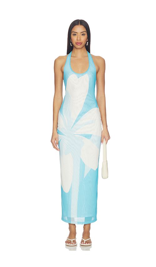 Kulani Kinis Mesh Halter Maxi Dress in Blue. XS. Also in S, M