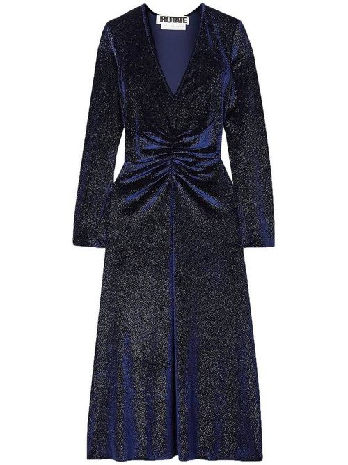Rhinestone-embellished ruched midi dress - Blue