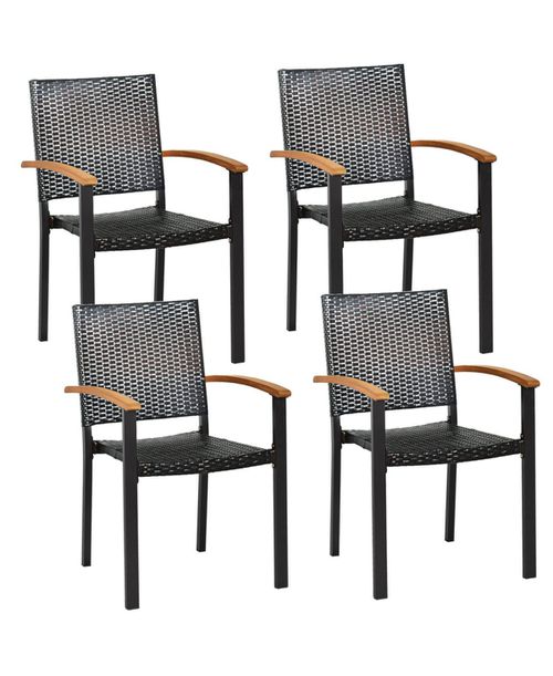 Set of 4 Outdoor Patio Pe Rattan Dining Chairs with Powder-coated Steel Frame - Black