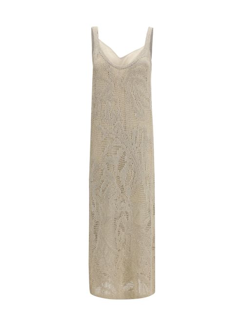 Openwork Floral Linen Cotton Dress — Beige