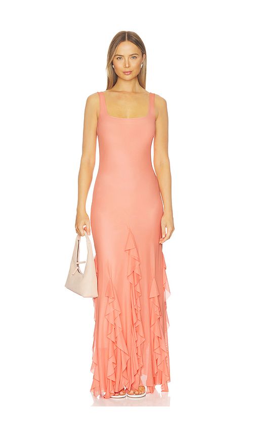 Especia Radiant Peach Long Dress in Coral. XS. Also in