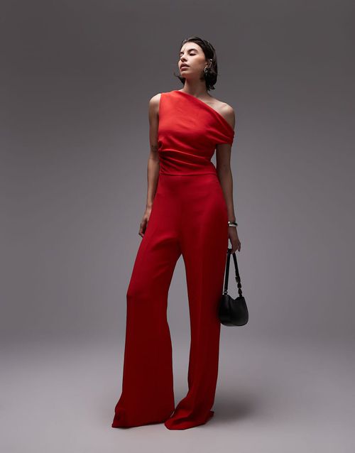 Mango off shoulder jumpsuit in red