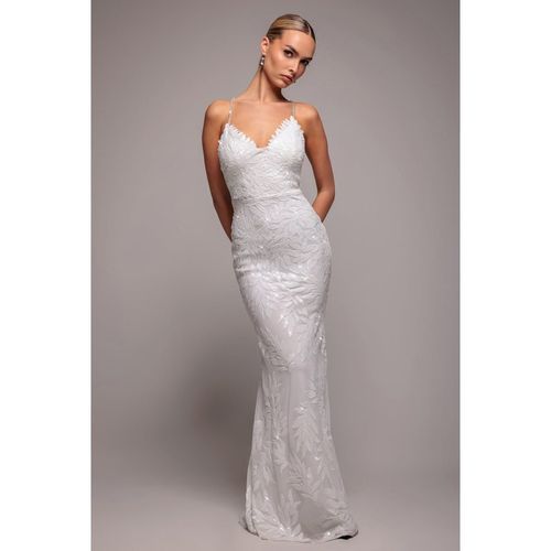 Goddiva Cross Back Diamante Strap Sequin Maxi - White
