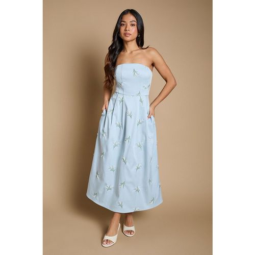 Oasis Womens Petite Embroidered Strapless Sweetheart Midi Dress - Pale Blue