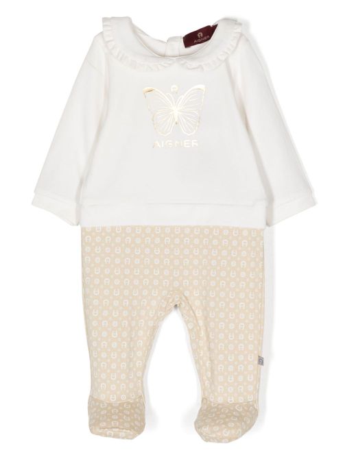 Butterfly-print cotton romper - Neutrals