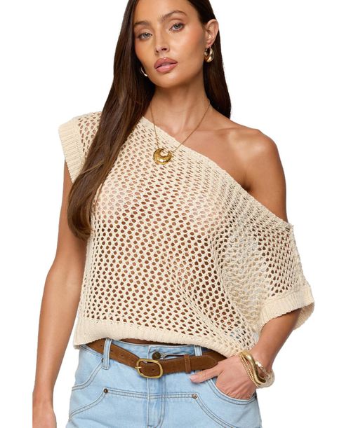 Womens Trix Off Shoulder Open Knit Top - Cream