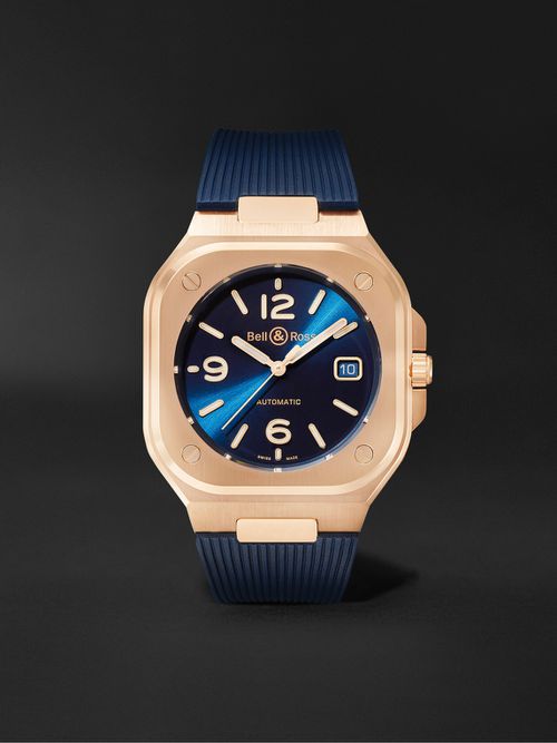 Men - BR 05 Blue Gold Automatic 40mm 18-Karat Rose Gold and Rubber Watch, Ref. No. BR05A-BLU-PG/SRB