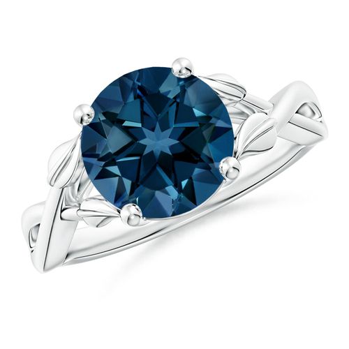 Angara 3.3 Carats Nature Inspired London Blue Topaz Crossover Ring with Leaf Motifs in Platinum