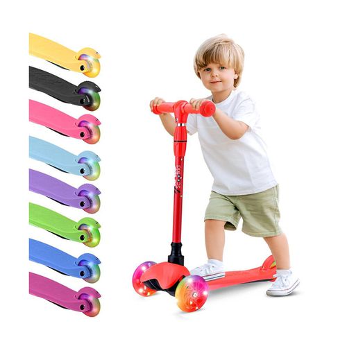 Lightweight and Adjustable Mini Kickboard Scooter with Led Light Wheel for Kids (Red) - Red